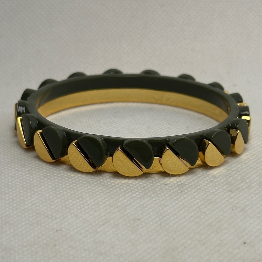 Tory Burch Gold & Dark Green Half-Moon Studded Bangle Bracelet - 2.5” EUC
